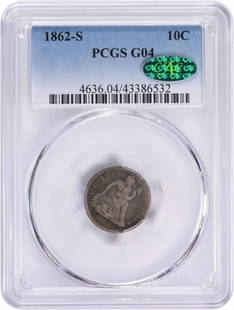1862-S Liberty Seated Silver Dime G04 PCGS (CAC): Certification: PCGS Circulated/Uncirculated: Circulated Year: 1862 Mint Location: San Francisco Km Number: 92 Denomination: 10C Grade: G Composition: 90% Silver 10% Copper Coin: Seated Liberty