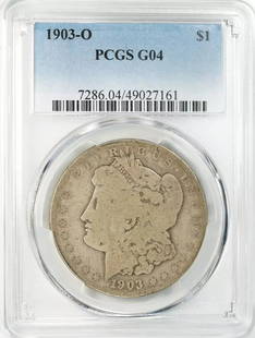 1903 O MORGAN SILVER DOLLAR $1 PCGS CERTIFIED G: Certification: PCGS Composition: Silver Grade: G 4 Year: 1903 Circulated/Uncirculated: Circulated Mint Location: NEW ORLEANS Km Number: Unknown Certification Number: 49027161 Denomination: Dollar 