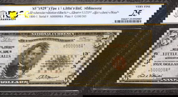 1929 $5 THE AMERICAN NATIONAL BANKNOTE LITTLE: Certification: PCGS Grade: 25 Series Year: 1929 Year: 1929 Circulated/Uncirculated: Circulated Country: United States Category: Small National Bank Notes Serial No. : A000098A Certification Number: