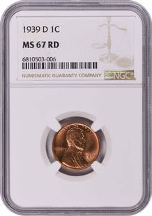 1939-D Lincoln Cent MS67RD NGC: Certification: NGC Circulated/Uncirculated: Uncirculated Km Number: 132 Year: 1939 Grade: MS67 Composition: Copper Mint Location: D Denomination: Small Cent Coin: Lincoln Wheat ---- At SEUYCO, we