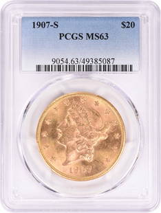 1907-S $20 Gold Liberty Head MS63 PCGS: Certification: PCGS Circulated/Uncirculated: Uncirculated Year: 1907 Mint Location: San Francisco Fineness: 0.9 Km Number: 74.3 Denomination: $20 Grade: MS63 Composition: 90% Gold 10% Copper