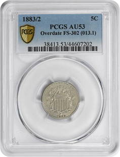 1883/2 Shield Nickel Overdate FS-302 AU53 PCGS: Certification: PCGS Circulated/Uncirculated: Circulated Year: 1883 Mint Location: Philadelphia Km Number: 97 Denomination: 5C Grade: AU Composition: 75% Copper 25% Nickel Coin: Shield Designer: