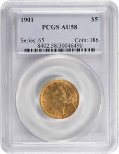 1901 $5 Gold Liberty Head AU58 PCGS: Certification: PCGS Circulated/Uncirculated: Circulated Year: 1901 Mint Location: Philadelphia Fineness: 0.9 Km Number: 101 Denomination: $5 Grade: AU Composition: 90% Gold 10% Copper Designer: