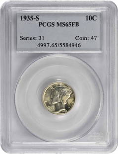 1935-S Mercury Silver Dime MS65FB PCGS: Certification: PCGS Circulated/Uncirculated: Uncirculated Year: 1935 Mint Location: San Francisco Km Number: 140 Denomination: 10C Grade: MS65 Composition: 90% Silver 10% Copper Coin: Mercury