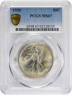 1936 Walking Liberty Silver Half Dollar MS67 PCGS: Certification: PCGS Circulated/Uncirculated: Uncirculated Year: 1936 Mint Location: Philadelphia Km Number: 142 Denomination: 50C Grade: MS67 Composition: 90% Silver 10% Copper Coin: Liberty Walking