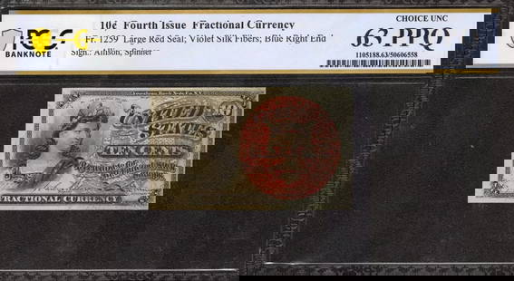 FOURTH ISSUE 10C FRACTIONAL CURRENCY FR.1259: Certification: PCGS Grade Designation: EPQ/PPQ Grade: 63 PPQ Series Year: Fourth Issue Year: Fourth Issue Circulated/Uncirculated: Circulated Country: United States Category: Fractional Currency