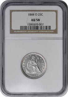 1844-O Liberty Seated Silver Quarter AU58 NGC: Certification: NGC Circulated/Uncirculated: Circulated Year: 1844 Mint Location: New Orleans Km Number: 64.2 Denomination: 25C Grade: AU Composition: 90% Silver 10% Copper Coin: Seated Liberty