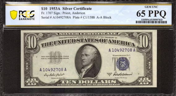 1953 A $10 SILVER CERTIFICATE FR.1707 A-A BLOCK: Certification: PCGS Grade Designation: EPQ/PPQ Grade: 65 PPQ Series Year: 1953 Year: 1953 Circulated/Uncirculated: Circulated Country: United States Category: Small Silver Certificates Serial No. :