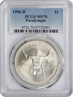 1996-D Wheelchair Paralympic Silver Commemorative: Certification: PCGS Circulated/Uncirculated: Uncirculated Year: 1996 Denomination: Dollar Mint Location: Denver Km Number: 268 Grade: MS70 Composition: 90% Silver 10% Copper Features: Commemorative