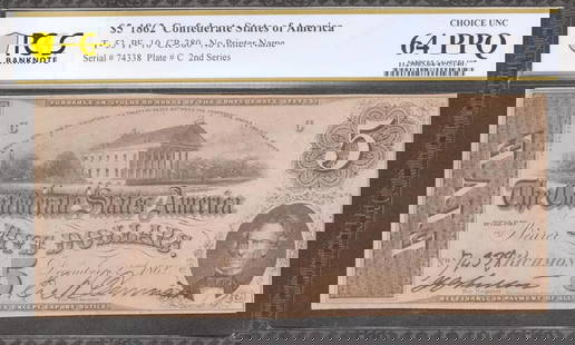 1862 $5 CONFEDERATE STATES OF AMERICA T-53 PF-10: Certification: PCGS Grade Designation: EPQ/PPQ Grade: 64 PPQ Series Year: 1862 Year: 1862 Circulated/Uncirculated: Circulated Country: United States Category: Legal Tender Issues Serial No. : 74338