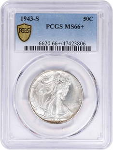 1943-S Walking Liberty Silver Half Dollar MS66+: Certification: PCGS Circulated/Uncirculated: Uncirculated Year: 1943 Mint Location: San Francisco Km Number: 142 Denomination: 50C Grade: MS66 Composition: 90% Silver 10% Copper Coin: Liberty