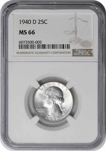 1940-D Washington Silver Quarter MS66 NGC: Certification: NGC Circulated/Uncirculated: Uncirculated Year: 1940 Mint Location: Denver Km Number: 164 Denomination: 25C Composition: 90% Silver 10% Copper Grade: MS66 Coin: Washington Designer: