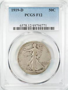 1919 D WALKING LIBERTY HALF DOLLAR 50C PCGS: Certification: PCGS Composition: Silver Grade: F 12 Year: 1919 Circulated/Uncirculated: Circulated Mint Location: DENVER Km Number: Unknown Certification Number: 49794771 Denomination: Dollar ---- 