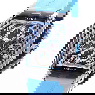 CVSTOS Challenge Chrono III-S CVT-CHR3-SKYBLUE: Movement: Automatic Winding Case Size: 47.5mm Band Size: 17.5cm Case Material: Titanium Band Material: Rubber/black coated buckle Watch Glass: Sapphire Crystal Windshield Dial Color: Skeleton Type: