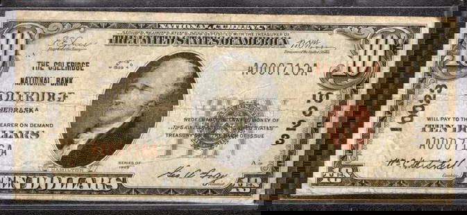 1929 $10 COLERIDGE NATIONAL BANKNOTE CURRENCY: Certification: Uncertified Series Year: 1929 Year: 1929 Circulated/Uncirculated: Circulated Country: United States Category: Small National Bank Notes Serial No. : A000716A Denomination: $10 ---- 