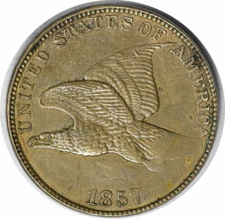 1857 Flying Eagle Cent Choice AU Uncertified #1257: Certification: Uncertified Circulated/Uncirculated: Circulated Year: 1857 Mint Location: Philadelphia Km Number: 85 Denomination: Small Cent Grade: AU Composition: 88% Copper 12% Nickel Coin: Flying