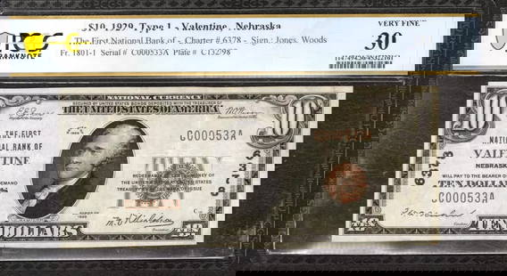 1929 $10 FIRST NATIONAL BANKNOTE VALENTINE: Certification: PCGS Grade: 30 Series Year: 1929 Year: 1929 Circulated/Uncirculated: Circulated Country: United States Category: Small National Bank Notes Serial No. : C000533A Certification Number: