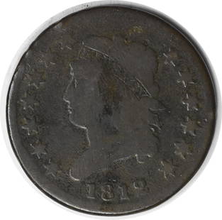 1812 Large Cent G Uncertified #1027: Certification: Uncertified Circulated/Uncirculated: Circulated Year: 1812 Mint Location: Philadelphia Km Number: 39 Denomination: Large Cent Grade: G Composition: Copper Coin: Classic Head Designer: