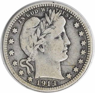 1914-S Barber Silver Quarter F Uncertified #1044: Certification: Uncertified Circulated/Uncirculated: Circulated Year: 1914 Mint Location: San Francisco Km Number: 114 Denomination: 25C Grade: F Composition: 90% Silver 10% Copper Coin: Barber