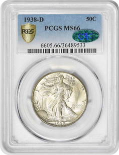 1938-D Walking Liberty Silver Half Dollar MS66: Certification: PCGS Circulated/Uncirculated: Uncirculated Year: 1938 Mint Location: Denver Km Number: 142 Denomination: 50C Grade: MS66 Composition: 90% Silver 10% Copper Coin: Liberty Walking