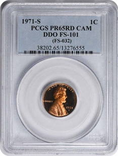 1971-S Lincoln Cent DDO FS-101 PRF65RED CAM PCGS: Certification: PCGS Circulated/Uncirculated: Uncirculated Year: 1971 Mint Location: San Francisco Km Number: 201 Denomination: Small Cent Grade: PR65 Composition: 95% Copper 5% Tin and Zinc Coin: