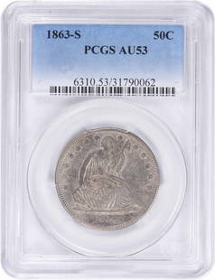 1863-S Liberty Seated Silver Half Dollar AU53 PCGS: Certification: PCGS Circulated/Uncirculated: Circulated Year: 1863 Mint Location: San Francisco Km Number: A68 Denomination: 50C Composition: 90% Silver 10% Copper Grade: AU Coin: Seated Liberty