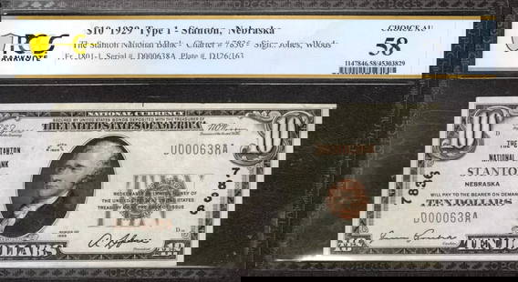1929 $10 STANTON NATIONAL BANKNOTE CURRENCY: Certification: PCGS Grade: 58 Series Year: 1929 Year: 1929 Circulated/Uncirculated: Circulated Country: United States Category: Small National Bank Notes Serial No. : D000638A Certification Number: