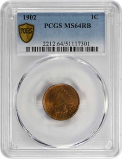 1902 Indian Cent MS64RB PCGS: Certification: PCGS Circulated/Uncirculated: Uncirculated Year: 1902 Mint Location: Philadelphia Km Number: 90a Denomination: Small Cent Grade: MS64 Composition: 95% Copper 5% Tin and Zinc Coin: