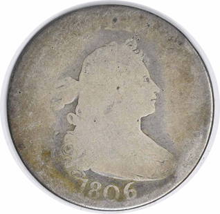 1806 Bust Silver Quarter AG Uncertified #257: Certification: Uncertified Circulated/Uncirculated: Circulated Year: 1806 Mint Location: Philadelphia Km Number: 36 Denomination: 25C Grade: AG Composition: 89.2% Silver 10.8% Copper Coin: Draped