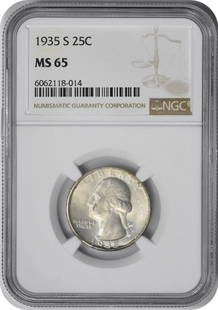 1935-S Washington Quarter MS65 NGC: Certification: NGC Circulated/Uncirculated: Uncirculated Year: 1935 Mint Location: San Francisco Km Number: 164 Denomination: 25C Composition: 90% Silver 10% Copper Grade: MS65 Coin: Washington