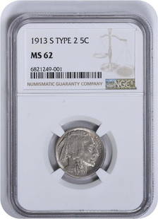 1913-S Buffalo Nickel Type 2 MS62 NGC: Certification: NGC Circulated/Uncirculated: Uncirculated Year: 1913 Mint Location: S Km Number: 134 Denomination: 5C Grade: MS62 Composition: Nickel Coin: Buffalo ---- At SEUYCO, we strive to