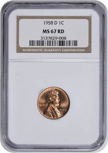 1958-D Lincoln Cent MS67RD NGC: Certification: NGC Circulated/Uncirculated: Uncirculated Year: 1958 Mint Location: Denver Km Number: A132 Denomination: Small Cent Composition: 95% Copper 5% Tin and Zinc Grade: MS67 Coin: Lincoln
