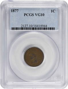 1877 Indian Cent VG10 PCGS: Certification: PCGS Circulated/Uncirculated: Circulated Year: 1877 Grade: VG Mint Location: No Mint Mark Km Number: 90a Denomination: Small Cent Composition: Copper Coin: Indian Head ---- At SEUYCO, w
