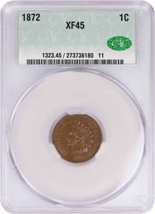 1872 Indian Cent EF45 CACG: Certification: CACG Circulated/Uncirculated: Circulated Year: 1872 Grade: XF Mint Location: No Mint Mark Km Number: 90a Denomination: Small Cent Composition: Copper Coin: Indian Head ---- At SEUYCO, w
