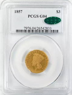 1857 THREE DOLLAR GOLD PIECE $3 INDIAN PRINCESS: Certification: PCGS and CAC Composition: Gold Grade: G 4 Year: 1857 Circulated/Uncirculated: Circulated Mint Location: PHILADELPHIA Km Number: Unknown Certification Number: 26542833 Denomination: Doll