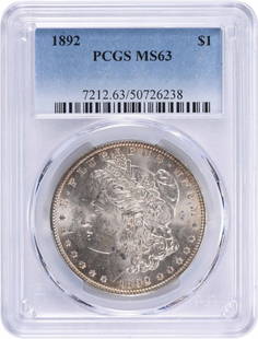 1892 Morgan Silver Dollar MS63 PCGS: Certification: PCGS Circulated/Uncirculated: Uncirculated Year: 1892 Composition: 90% Silver 10% Copper Mint Location: Philadelphia Km Number: 110 Denomination: $1 Grade: MS63 Coin: Morgan Designer: