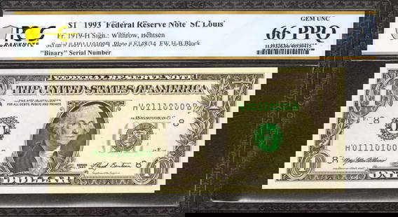 1993 FEDERAL RESERVE NOTE FR.1919H BINARY SERIAL: Certification: PCGS Grade Designation: EPQ/PPQ Grade: 66 PPQ Series Year: 1993 Year: 1993 Circulated/Uncirculated: Circulated Country: United States Category: Small Size $1 Federal Reserve Notes