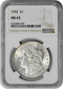 1902 Morgan Silver Dollar MS65 NGC: Certification: NGC Circulated/Uncirculated: Uncirculated Year: 1902 Composition: 90% Silver 10% Copper Mint Location: Philadelphia Km Number: 110 Denomination: $1 Grade: MS65 Coin: Morgan Designer: