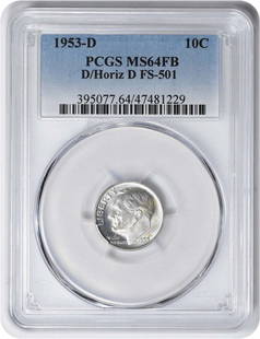 1953-D Roosevelt Silver Dime D/Horiz D FS-501: Certification: PCGS Year: 1953 Circulated/Uncirculated: Uncirculated Denomination: 10C Composition: 90% Silver 10% Copper Grade: MS64 Mint Location: Denver Km Number: 140 Coin: Roosevelt Designer: