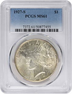1927-S Peace Silver Dollar MS61 PCGS: Certification: PCGS Circulated/Uncirculated: Uncirculated Year: 1927 Mint Location: San Francisco Km Number: 150 Denomination: $1 Composition: 90% Silver 10% Copper Grade: MS61 Coin: Peace Designer: