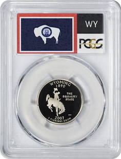 2007-S Flag Clad Wyoming State Quarter WY: Certification: PCGS Circulated/Uncirculated: Uncirculated Year: 2007 Strike Type: Proof Mint Location: San Francisco Km Number: 399 Denomination: 25C Composition: 75% Copper 25% Nickel Type: Single