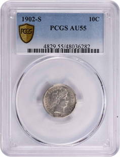 1902-S Barber Silver Dime AU55 PCGS: Certification: PCGS Circulated/Uncirculated: Circulated Year: 1902 Mint Location: San Francisco Km Number: 113 Denomination: 10C Grade: AU Composition: 90% Silver 10% Copper Coin: Barber Designer: