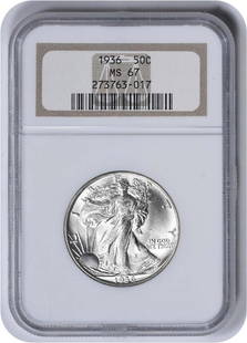 1936 Walking Liberty Silver Half Dollar MS67 NGC: Certification: NGC Circulated/Uncirculated: Uncirculated Year: 1936 Mint Location: Philadelphia Km Number: 142 Denomination: 50C Grade: MS67 Composition: 90% Silver 10% Copper Coin: Liberty Walking