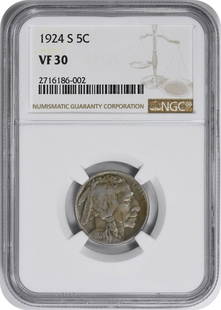 1924-S Buffalo Nickel VF30 NGC: Certification: NGC Circulated/Uncirculated: Circulated Year: 1924 Mint Location: S Km Number: 134 Denomination: 5C Grade: VF Composition: Nickel Coin: Buffalo ---- At SEUYCO, we strive to provide