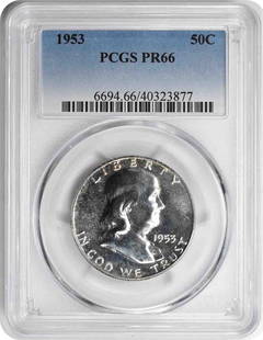 1953 Franklin Silver Half Dollar PR66 PCGS: Certification: PCGS Circulated/Uncirculated: Uncirculated Year: 1953 Strike Type: Proof Mint Location: Philadelphia Km Number: 199 Denomination: 50C Grade: PR66 Composition: 90% Silver 10% Copper
