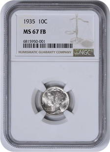 1935 Mercury Silver Dime MS67FB NGC: Certification: NGC Circulated/Uncirculated: Uncirculated Year: 1935 Mint Location: Philadelphia Km Number: 140 Denomination: 10C Grade: MS67 Composition: 90% Silver 10% Copper Coin: Mercury