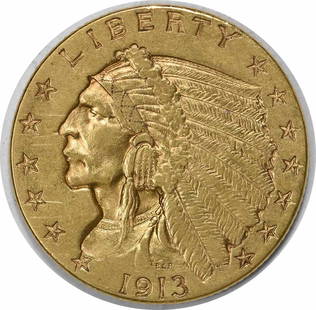 1913 $2.50 Gold Indian AU Slider Uncertified #317: Certification: Uncertified Circulated/Uncirculated: Circulated Year: 1913 Mint Location: Philadelphia Fineness: 0.9 Km Number: 128 Denomination: $2.50 Grade: AU Composition: 90% Gold 10% Copper