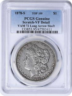 1878-S VAM 72 Morgan Dollar Long Arrow Shaft: Certification: PCGS Circulated/Uncirculated: Circulated Year: 1878 Composition: 90% Silver 10% Copper Mint Location: San Francisco Km Number: 110 Denomination: $1 Grade: Genuine Coin: Morgan