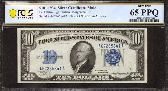 1934 $10 SILVER CERTIFICATE FR.1701m MULE A-A: Certification: PCGS Grade Designation: EPQ/PPQ Grade: 65 PPQ Series Year: 1934 Year: 1934 Circulated/Uncirculated: Circulated Country: United States Category: Small Silver Certificates Serial No. :