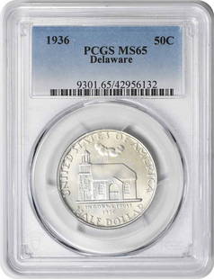 1936 Delaware Commemorative Silver Half MS65 PCGS: Certification: PCGS Circulated/Uncirculated: Uncirculated Year: 1936 Denomination: Half Dollar Mint Location: Philadelphia Km Number: 179 Grade: MS65 Composition: 90% Silver 10% Copper Features: